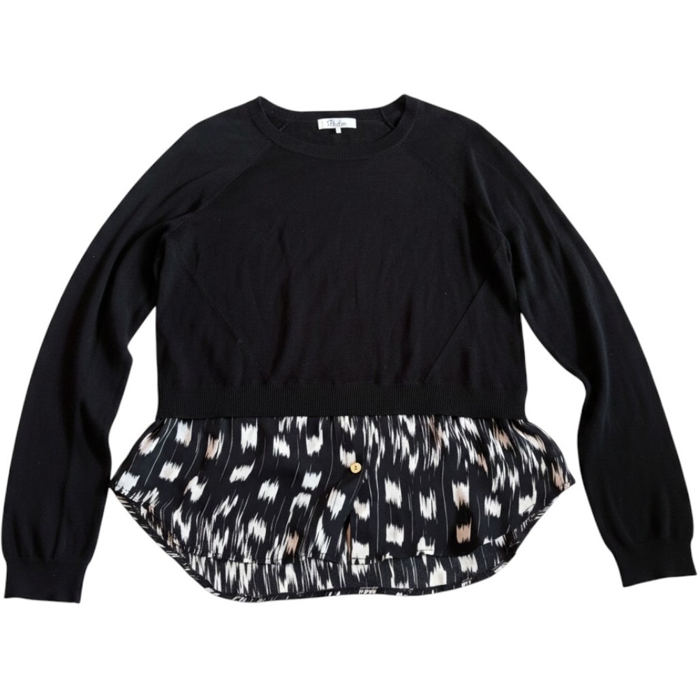 Parker Mixed Media Sweater Womens Large Black Ikat Print Layered Hem Long Sleeve